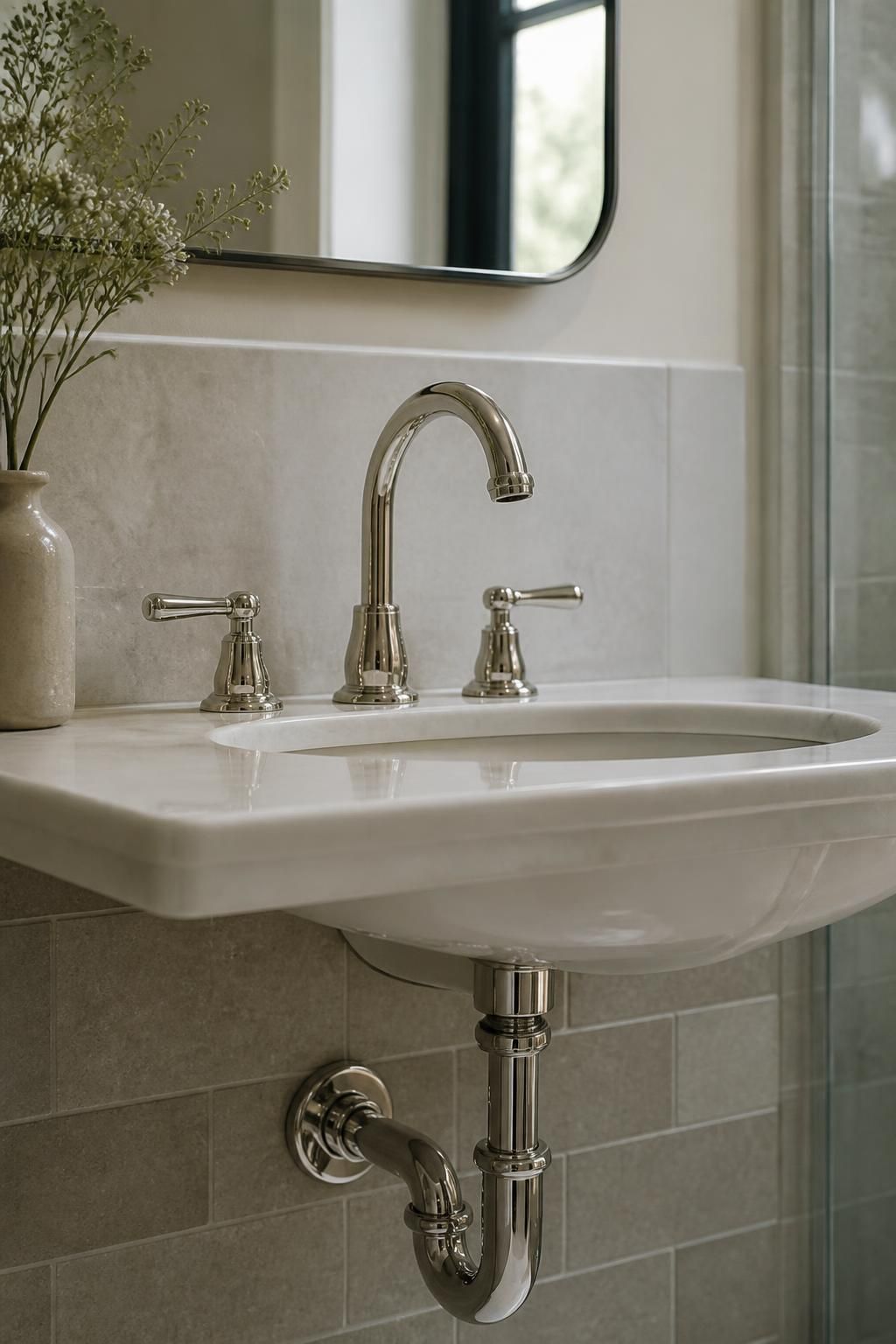 Finished bathroom plumbing installation with a polished sink fixture.