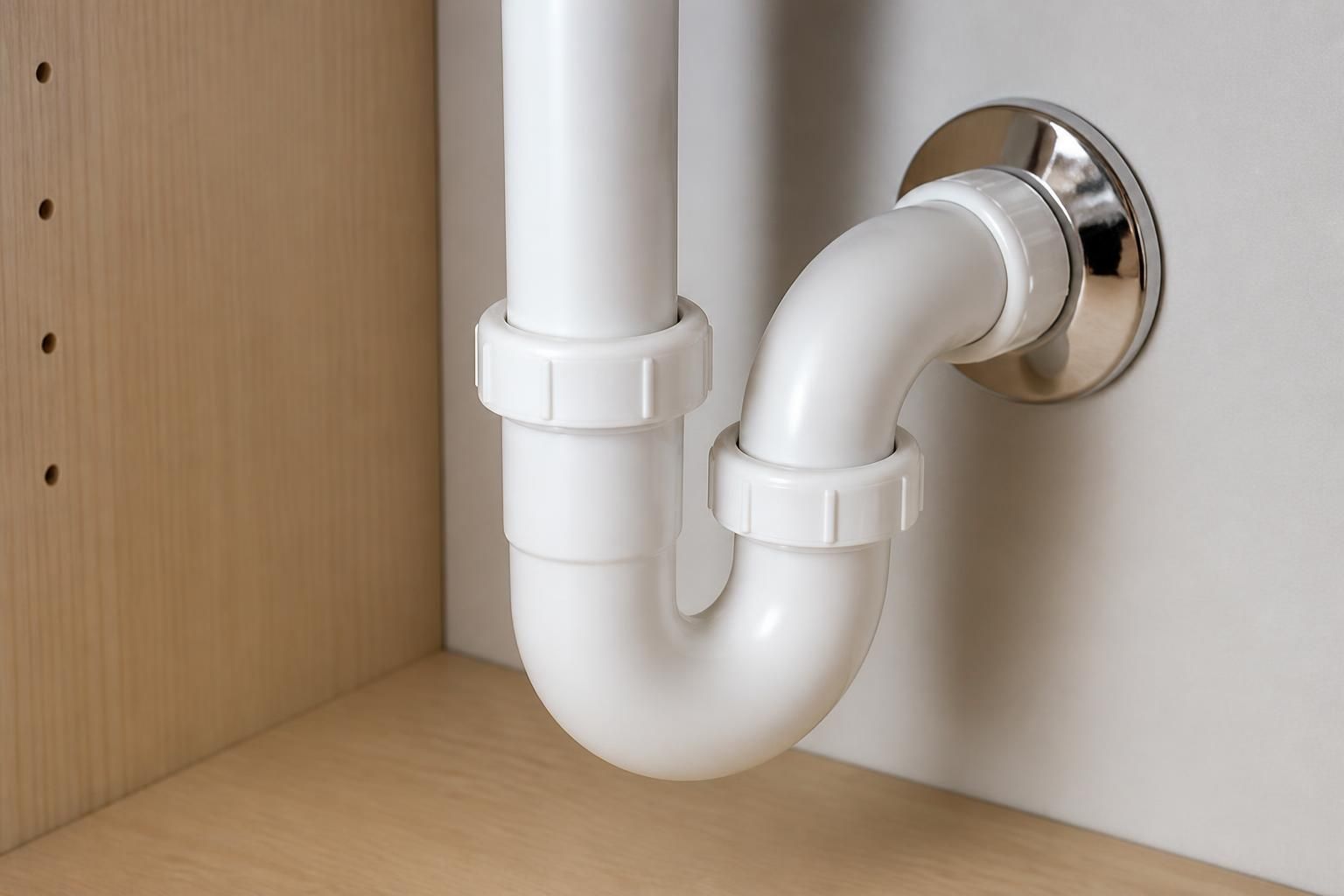 Dry repaired pipe joint under a clean sink area.