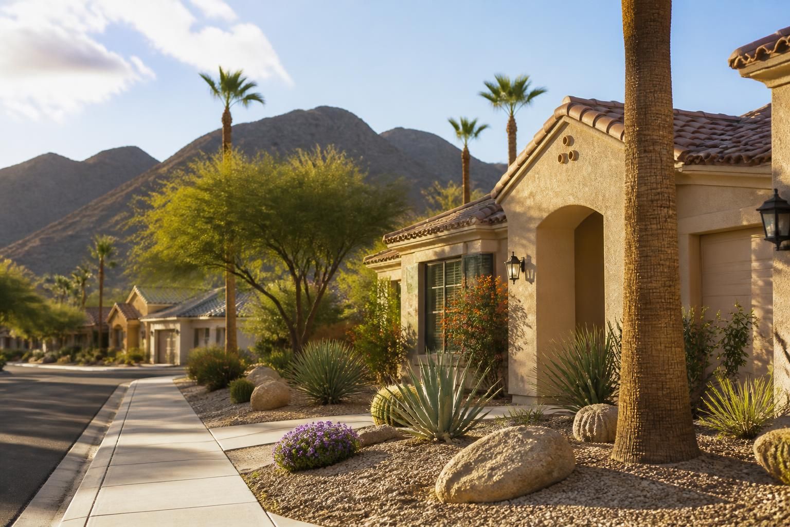 Desert neighborhood with stucco homes and palm trees.