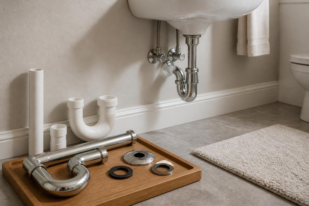 Neatly arranged plumbing materials beside a finished bathroom repair.
