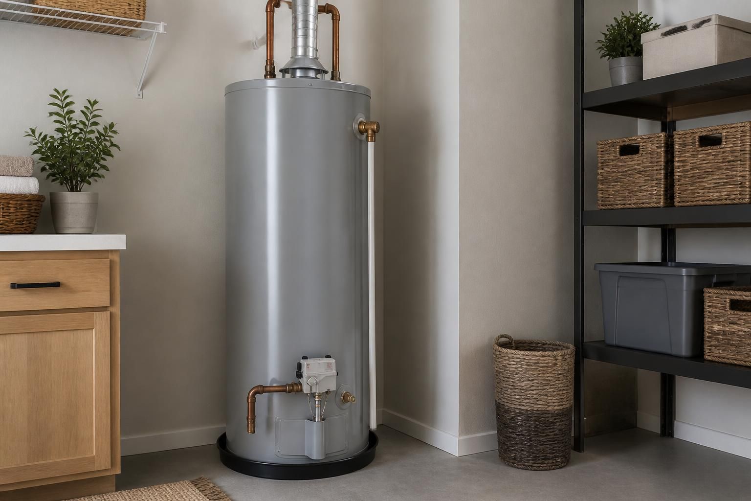 Clean water heater installed in a tidy utility room.